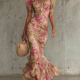 Flor - Vestido longo com padrão vintage de rosas