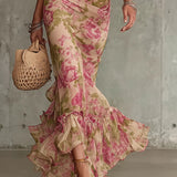 Flor - Vestido longo com padrão vintage de rosas