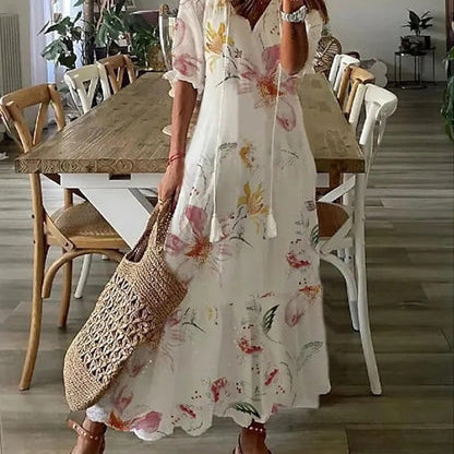 Sarinha | Vestido largo bohemio com decote em V